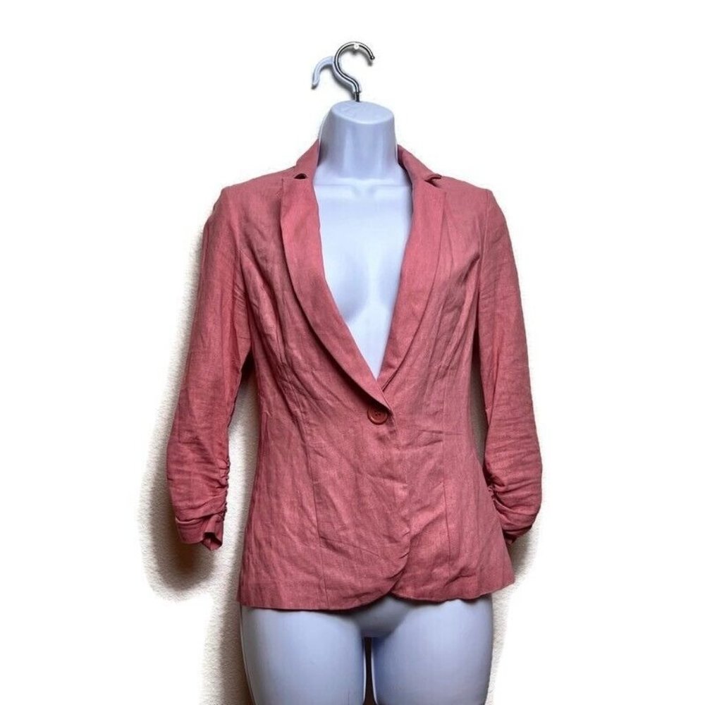 Stoosh Womens Pink Linen Blend Blazer Sz S Preppy Coastal Rayon Ruching Ruffle